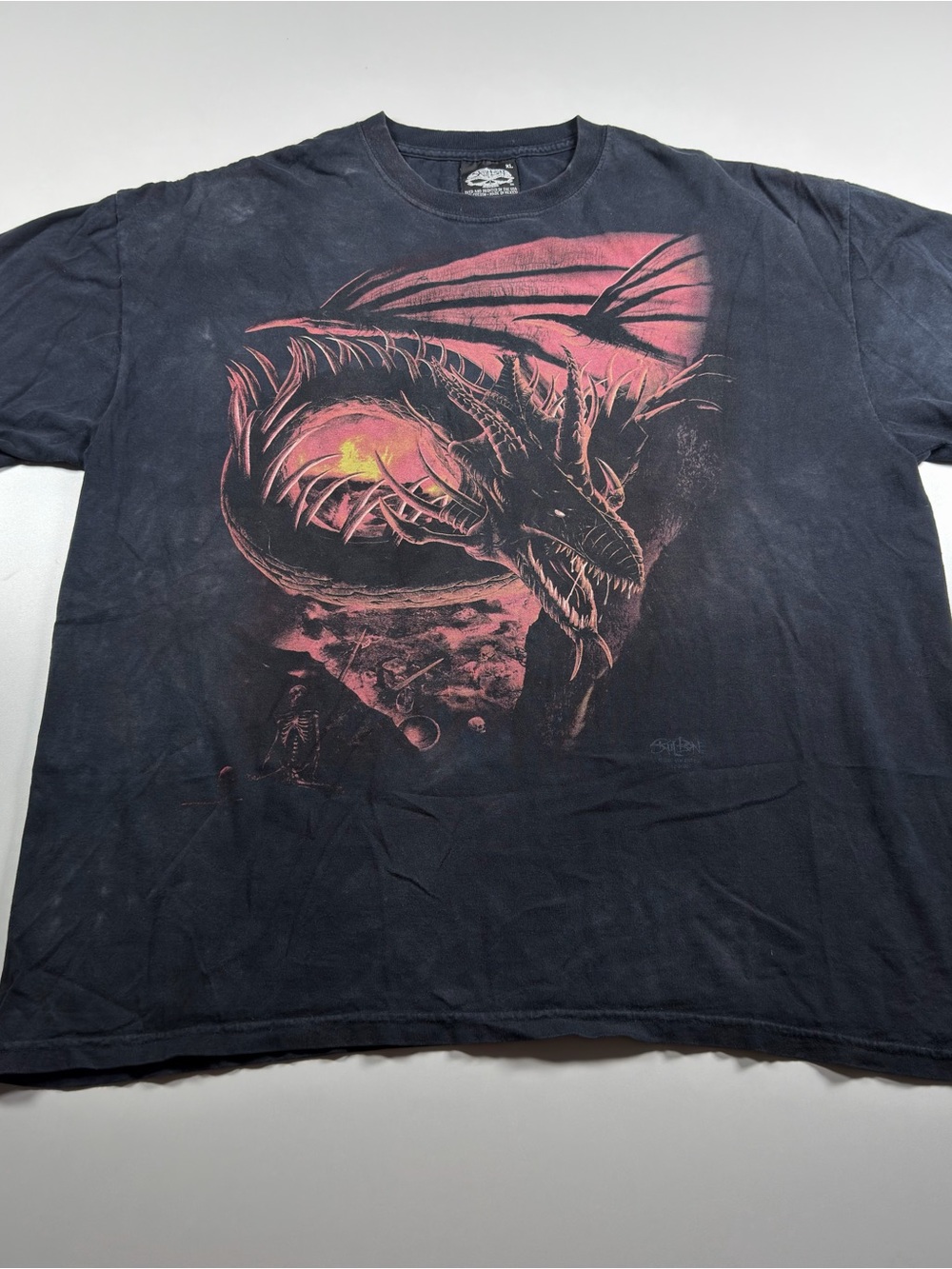 Retro Y2K “SKULBONE” Dragon Graphic T-Shirt - Black and Red